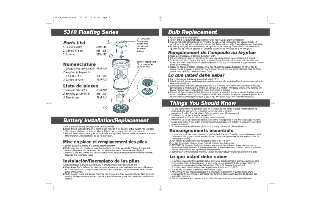 Coleman 5310 warranty Floating Series, Battery Installation/Replacement, Bulb Replacement, Things You Should Know 