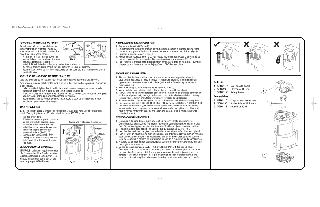 Coleman 5316 Series warranty To Install or Replace Batteries, Mise EN Place OU Remplacement DES Piles, Bulb Replacement 