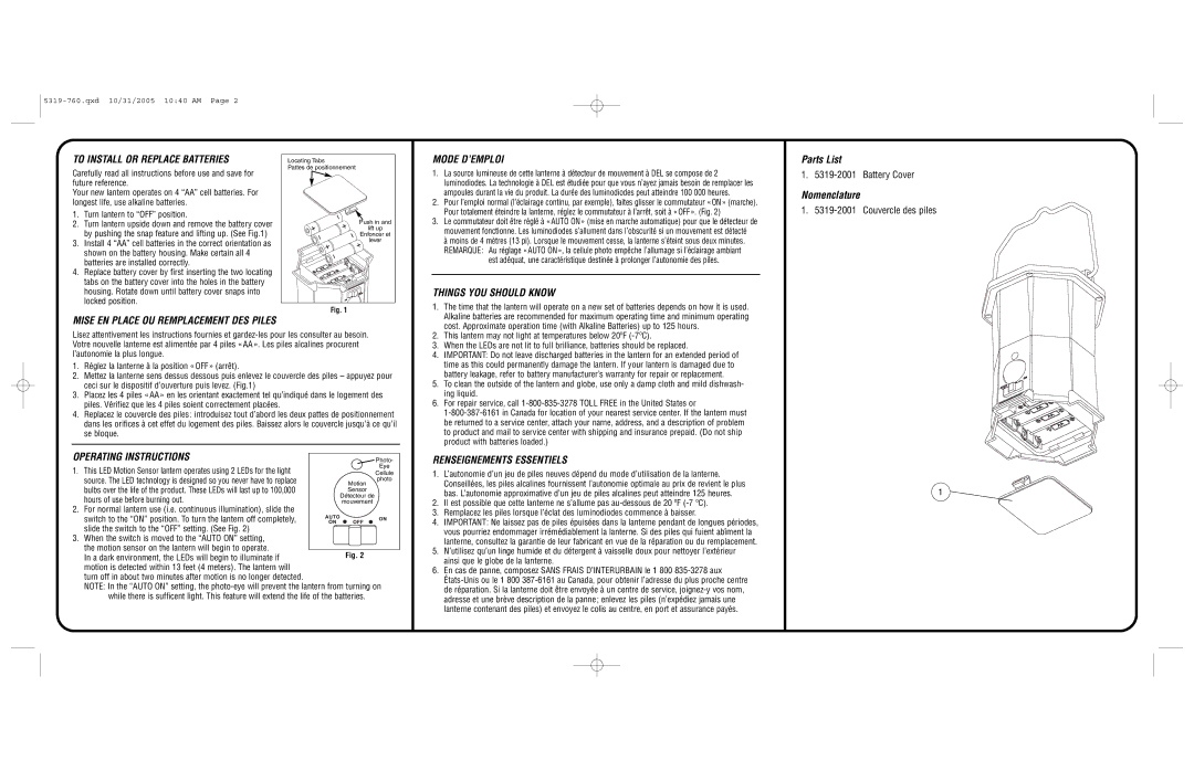 Coleman 5319-760 warranty To Install or Replace Batteries, Mode D’EMPLOI, Things YOU should Know, Operating Instructions 