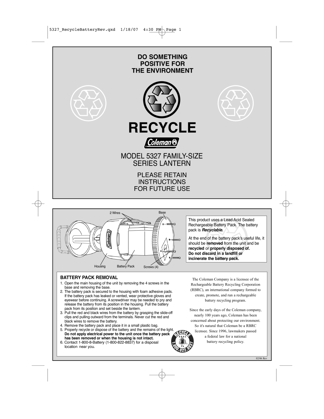 Coleman manual Recycle, Model 5327 FAMILY-SIZE Series Lantern, Please Retain Instructions For Future USE 