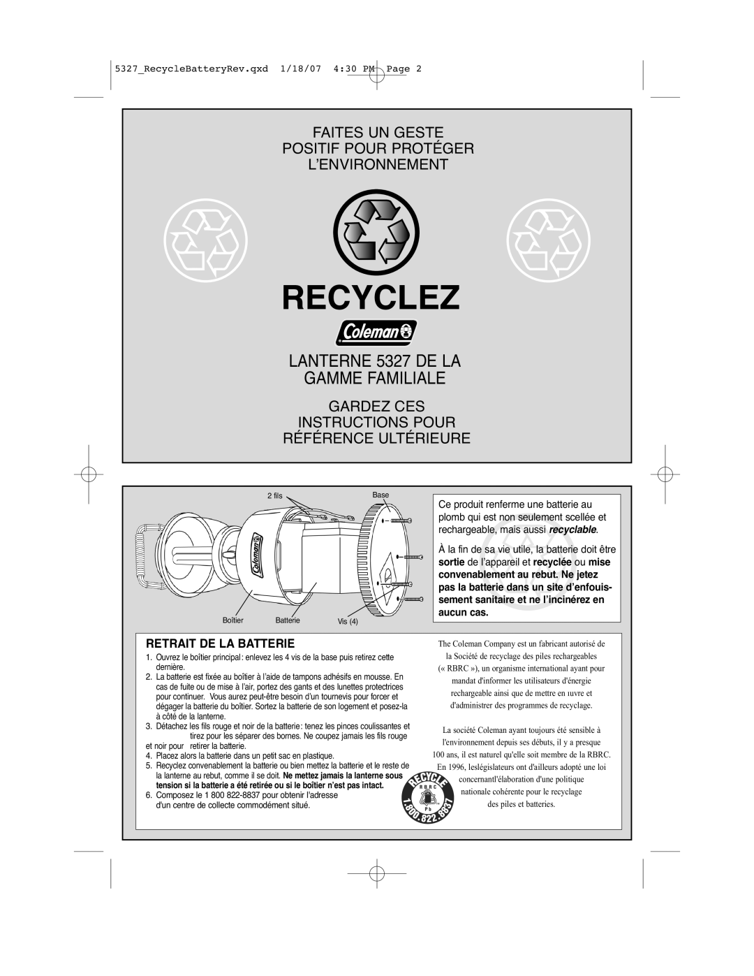 Coleman manual Recyclez, Lanterne 5327 DE LA Gamme Familiale, Faites UN Geste Positif Pour Protéger ’ENVIRONNEMENT 