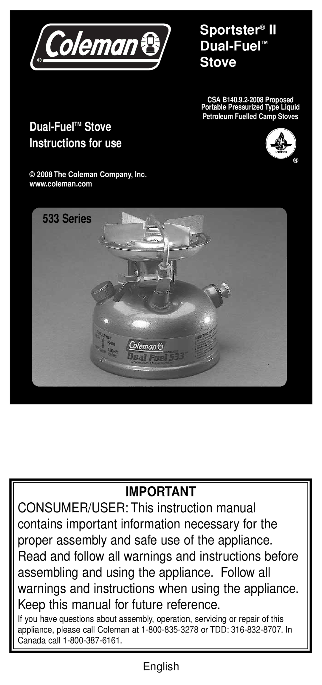 Coleman 533 Series instruction manual Sportster Dual-Fuel Stove, English 