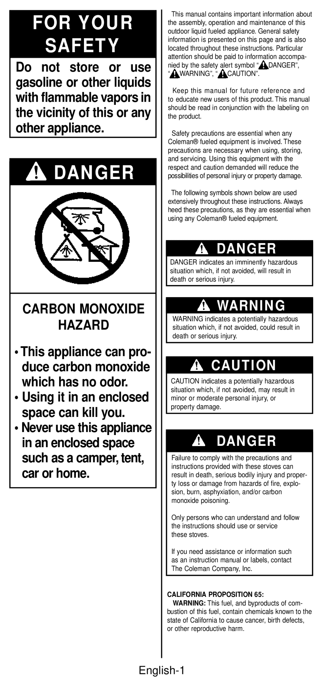 Coleman 533 Series instruction manual For Your Safety, English-1 