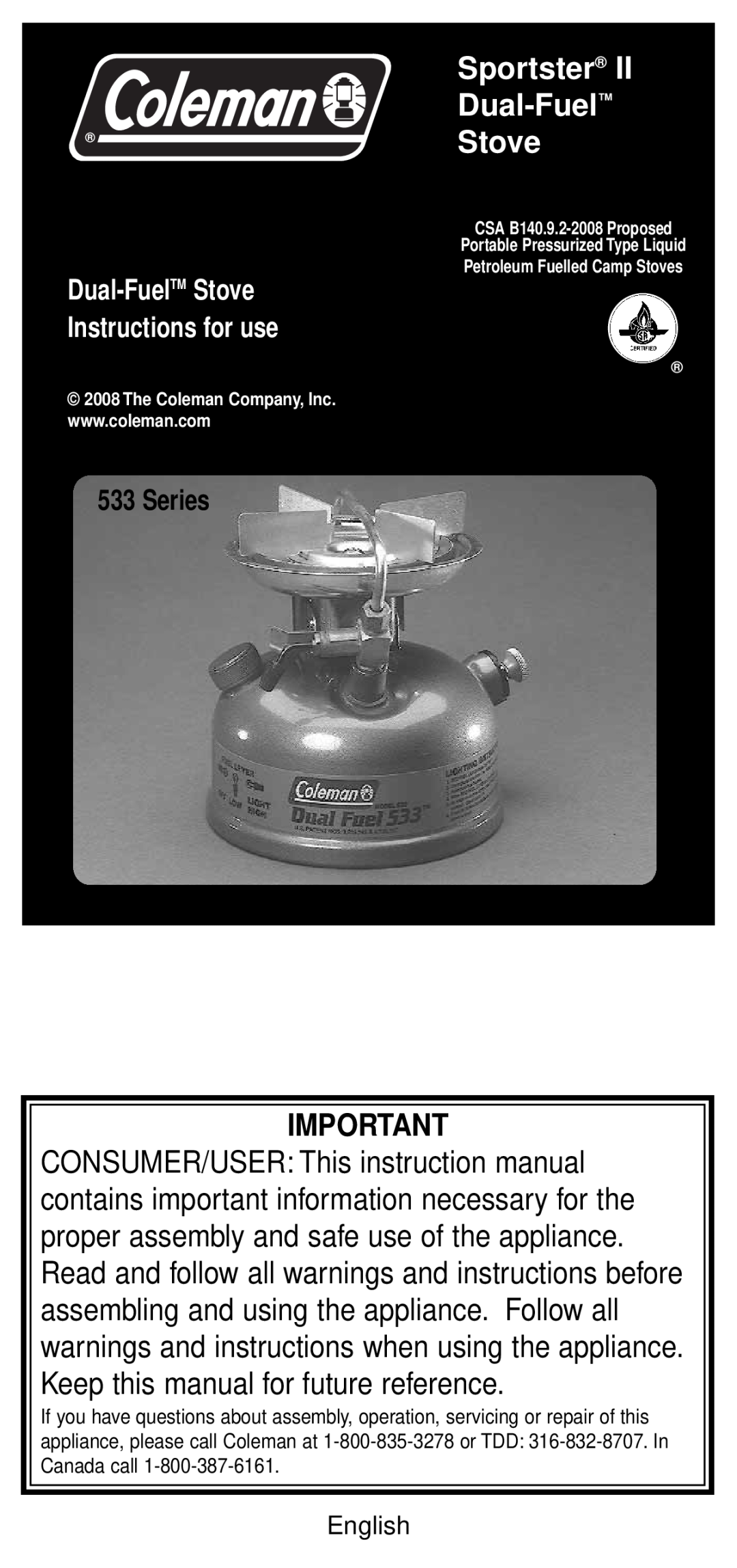 Coleman 533 Series instruction manual Sportster Dual-Fuel Stove, Dual-FuelTM Stove Instructions for use 