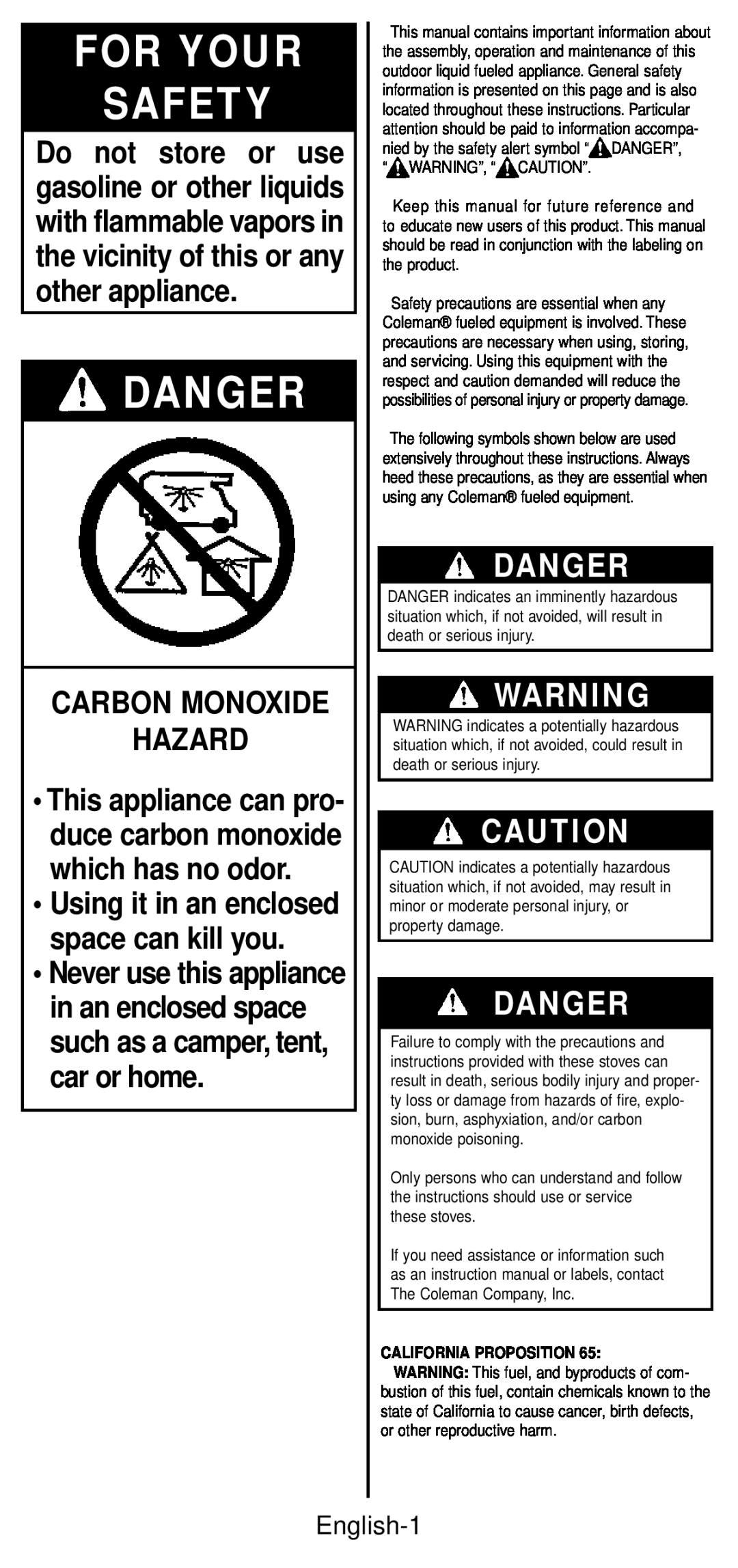 Coleman 533 Series Danger, For Your Safety, Carbon Monoxide Hazard, Using it in an enclosed space can kill you, English-1 