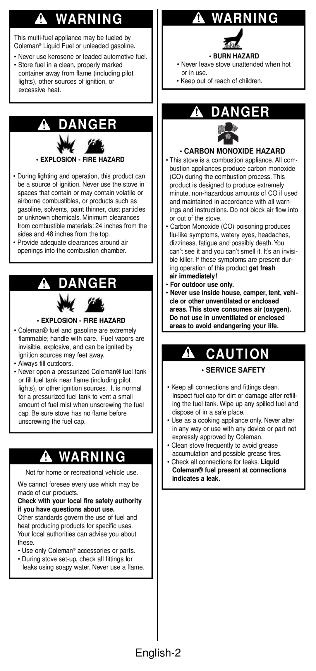 Coleman 533 Series Danger, English-2, Carbon Monoxide Hazard, Service Safety, Explosion - Fire Hazard, Burn Hazard 