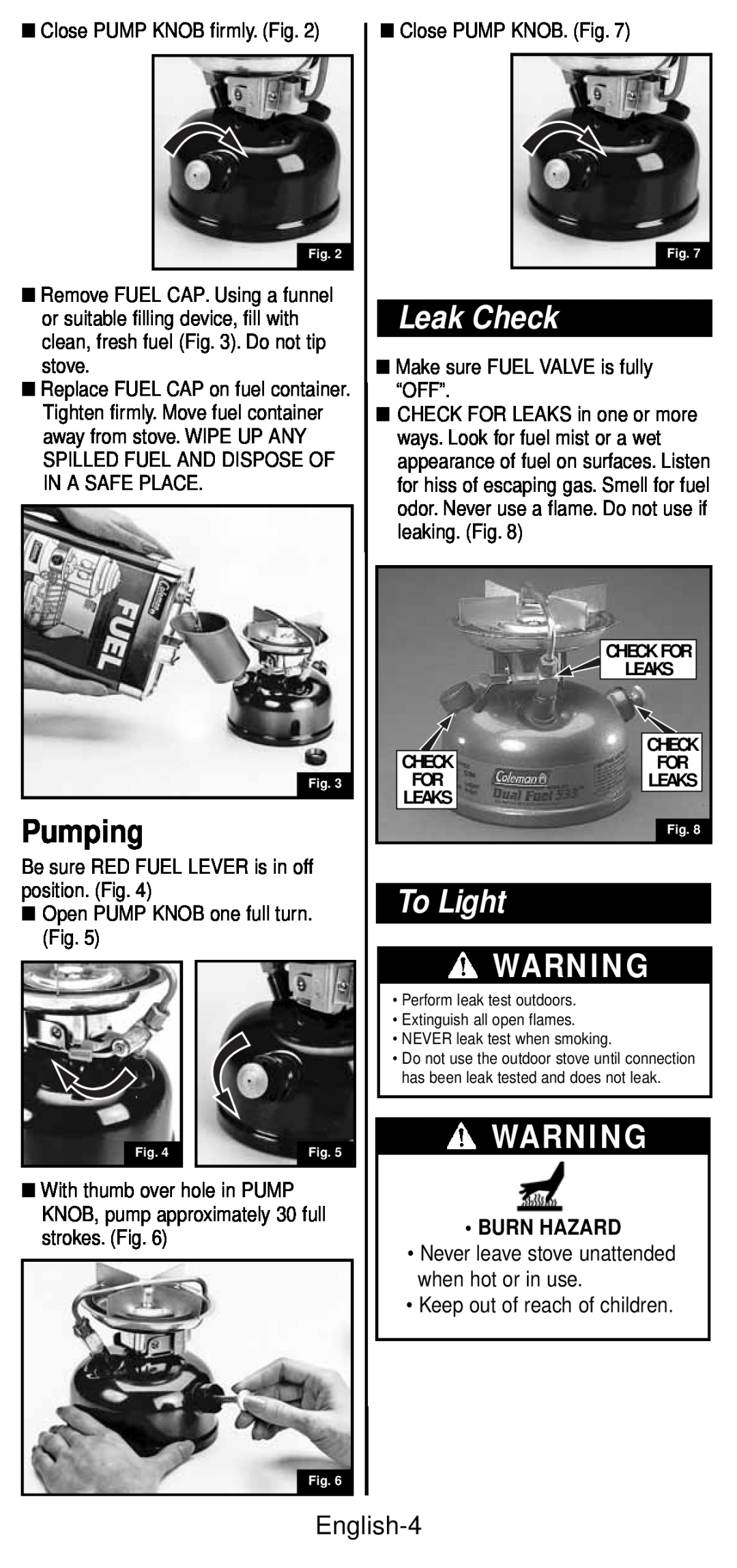 Coleman 533 Series instruction manual Pumping, Leak Check, To Light, English-4, Burn Hazard 