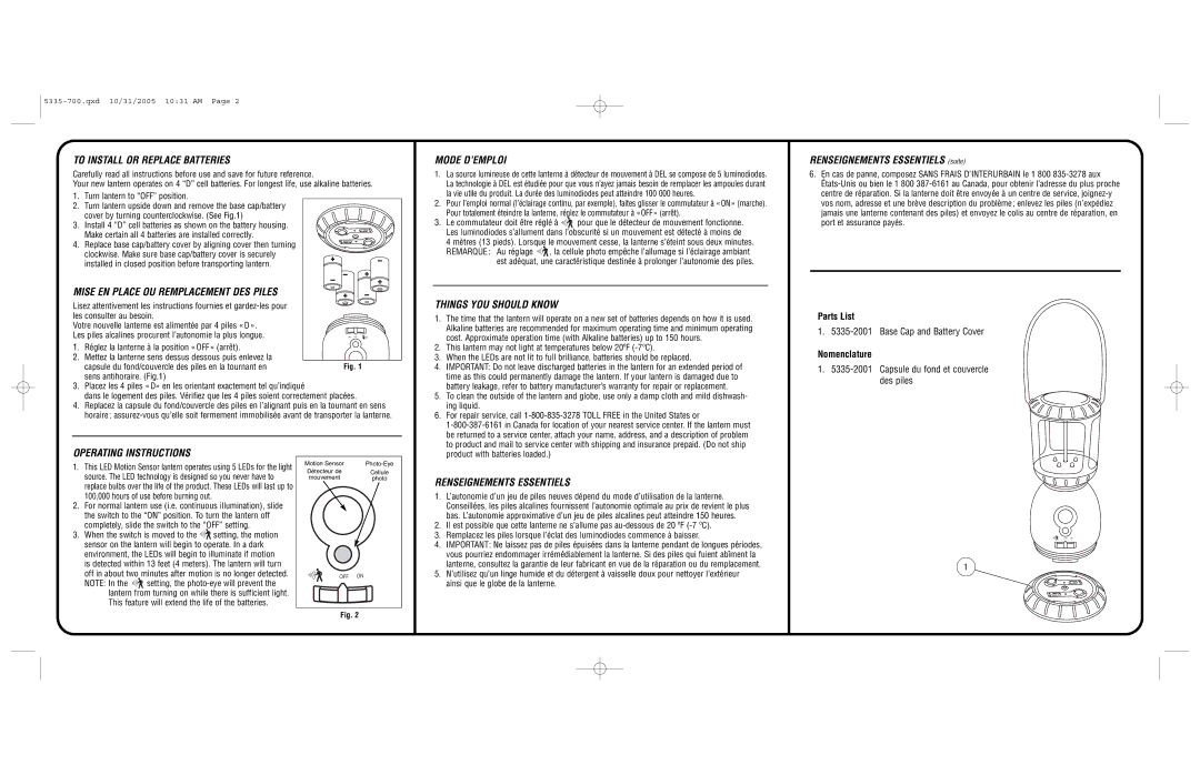 Coleman 5335 Series warranty To Install or Replace Batteries, Mise EN Place OU Remplacement DES Piles, Mode D’EMPLOI 
