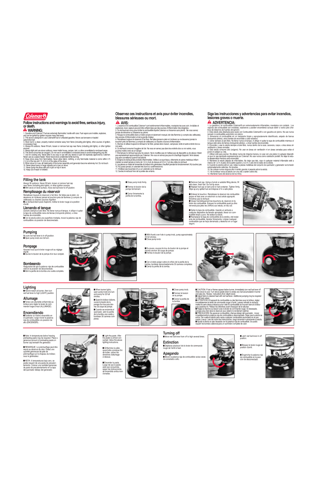 Coleman 533B warranty Filling the tank, Remplissage du réservoir, Llenando el tanque, Pumping, Pompage, Bombeando, Lighting 