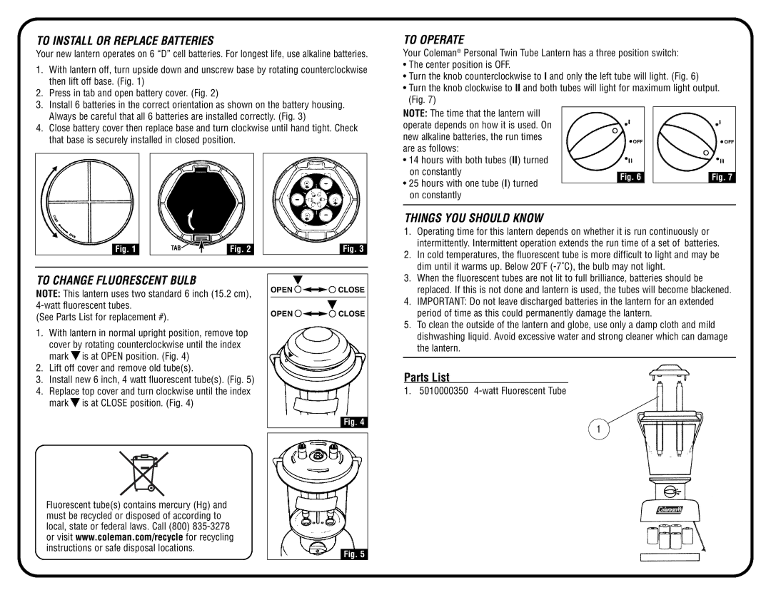 Coleman 5344 warranty To Install or Replace Batteries, To Operate, Things YOU should Know, To Change Fluorescent Bulb 