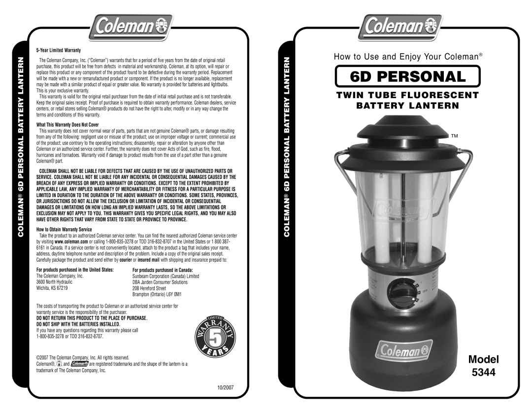 Coleman 5344 warranty 6D PERSONAL, Model, Twin Tube Fluorescent Battery Lantern, How to Use and Enjoy Your Coleman 