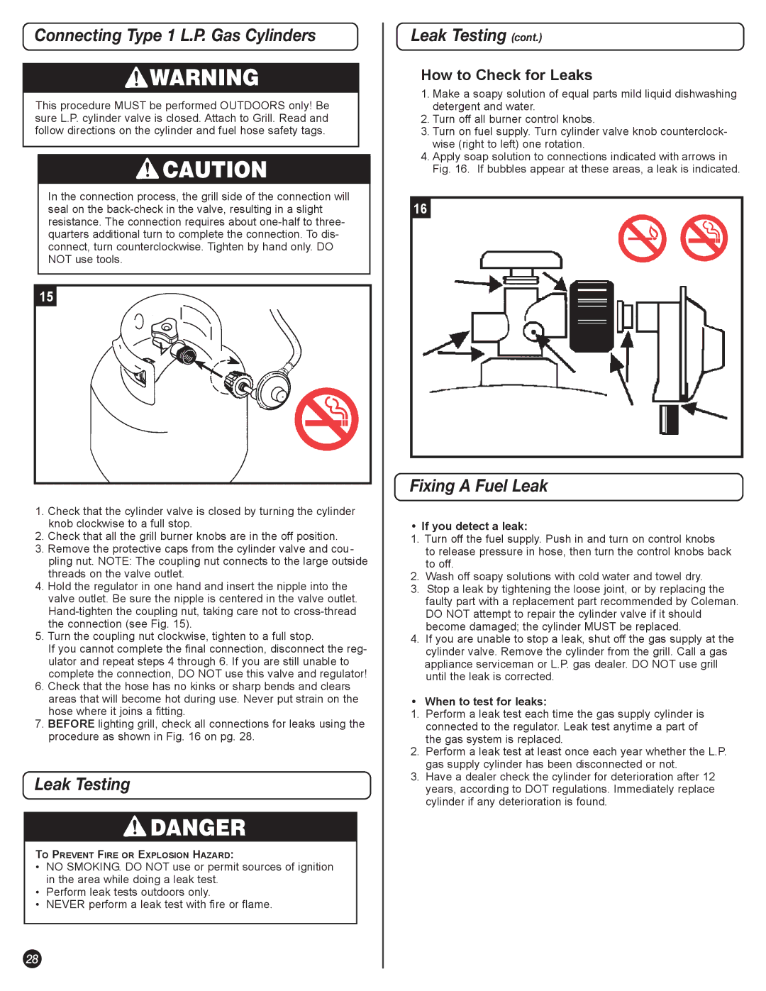 Coleman 5400 LP manual Connecting Type 1 L.P. Gas Cylinders, Leak Testing, Fixing a Fuel Leak, How to Check for Leaks 