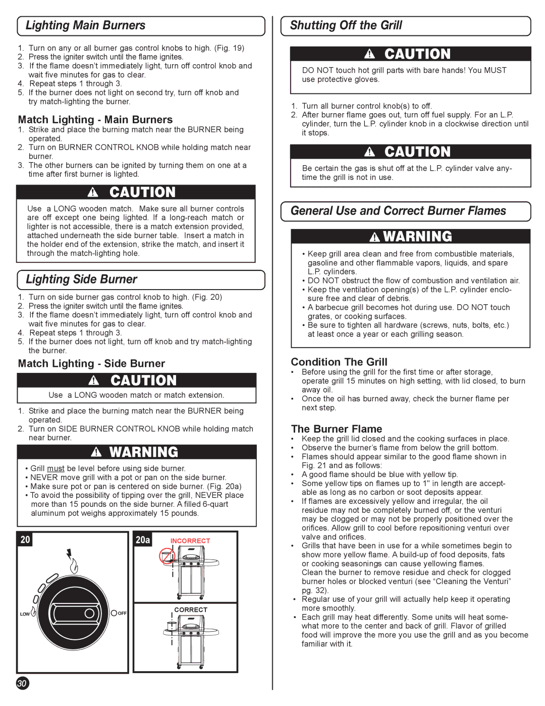 Coleman 5400 LP Lighting Main Burners, Lighting Side Burner, Shutting Off the Grill, General Use and Correct Burner Flames 