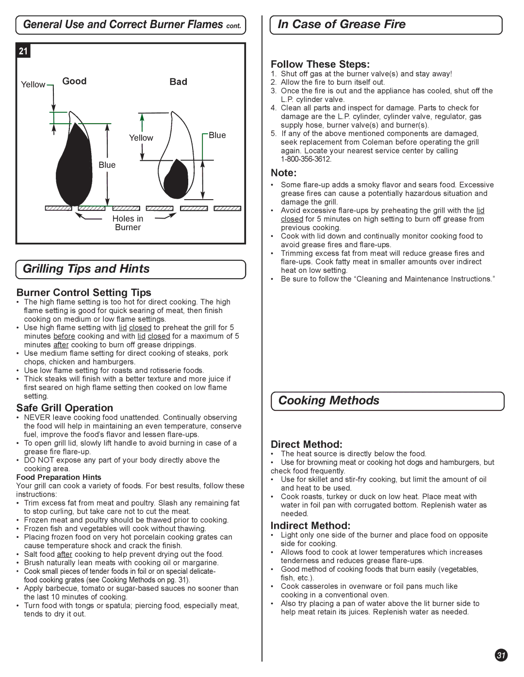 Coleman 5400 LP manual Grilling Tips and Hints, Case of Grease Fire, Cooking Methods 