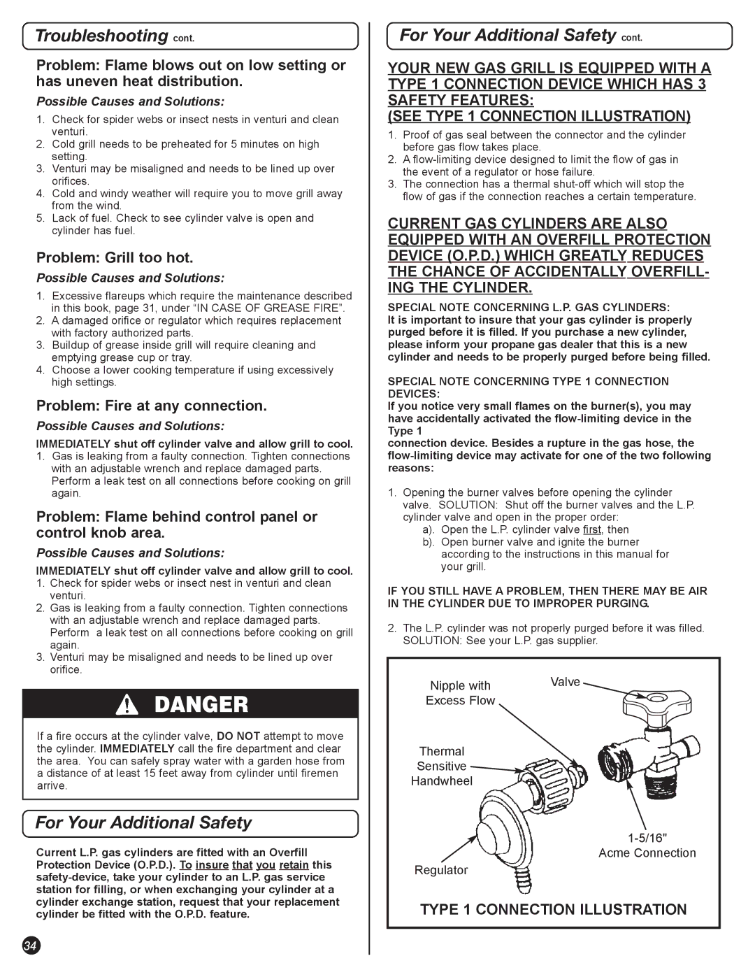 Coleman 5400 LP manual For Your Additional Safety, Problem Grill too hot, Problem Fire at any connection 