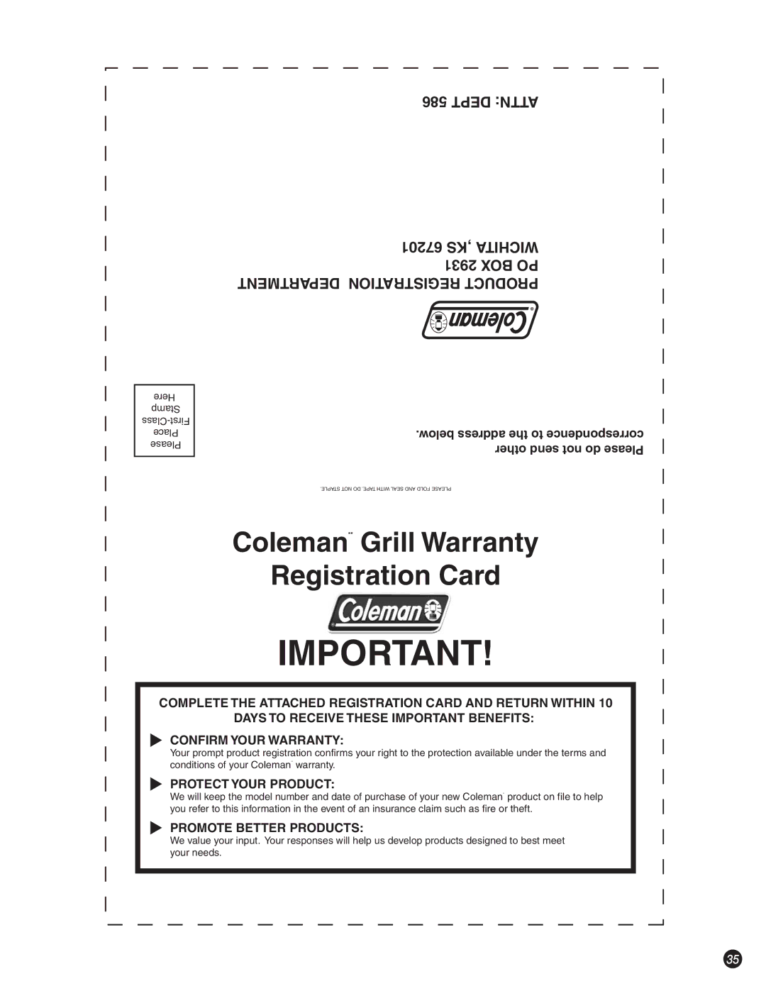 Coleman 5400 LP manual Coleman¨ Grill Warranty Registration Card 