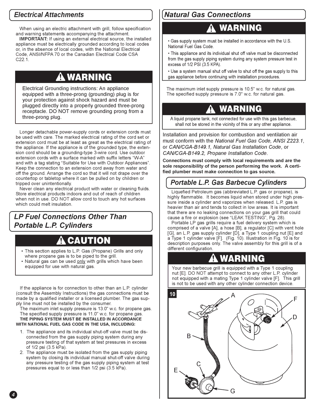 Coleman 5400 LP Electrical Attachments, LP Fuel Connections Other Than Portable L.P. Cylinders, Natural Gas Connections 