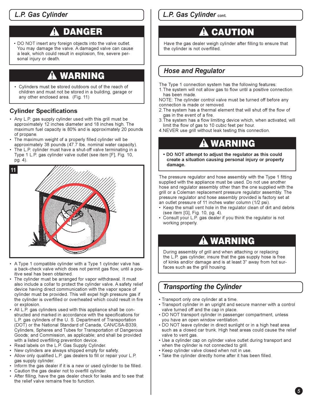 Coleman 5400 LP manual Gas Cylinder, Hose and Regulator, Transporting the Cylinder, Cylinder Specifications 
