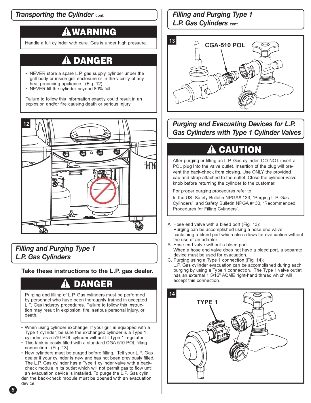 Coleman 5400 LP manual Filling and Purging Type Gas Cylinders, Take these instructions to the L.P. gas dealer 