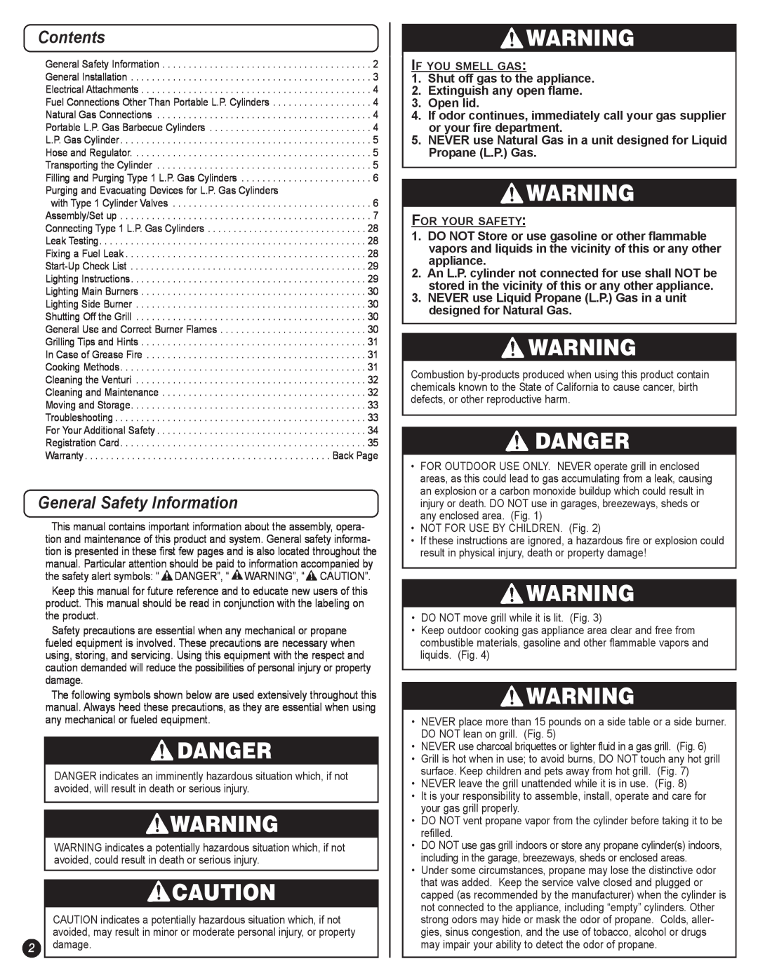 Coleman 5400 LP manual Danger, Contents, General Safety Information 