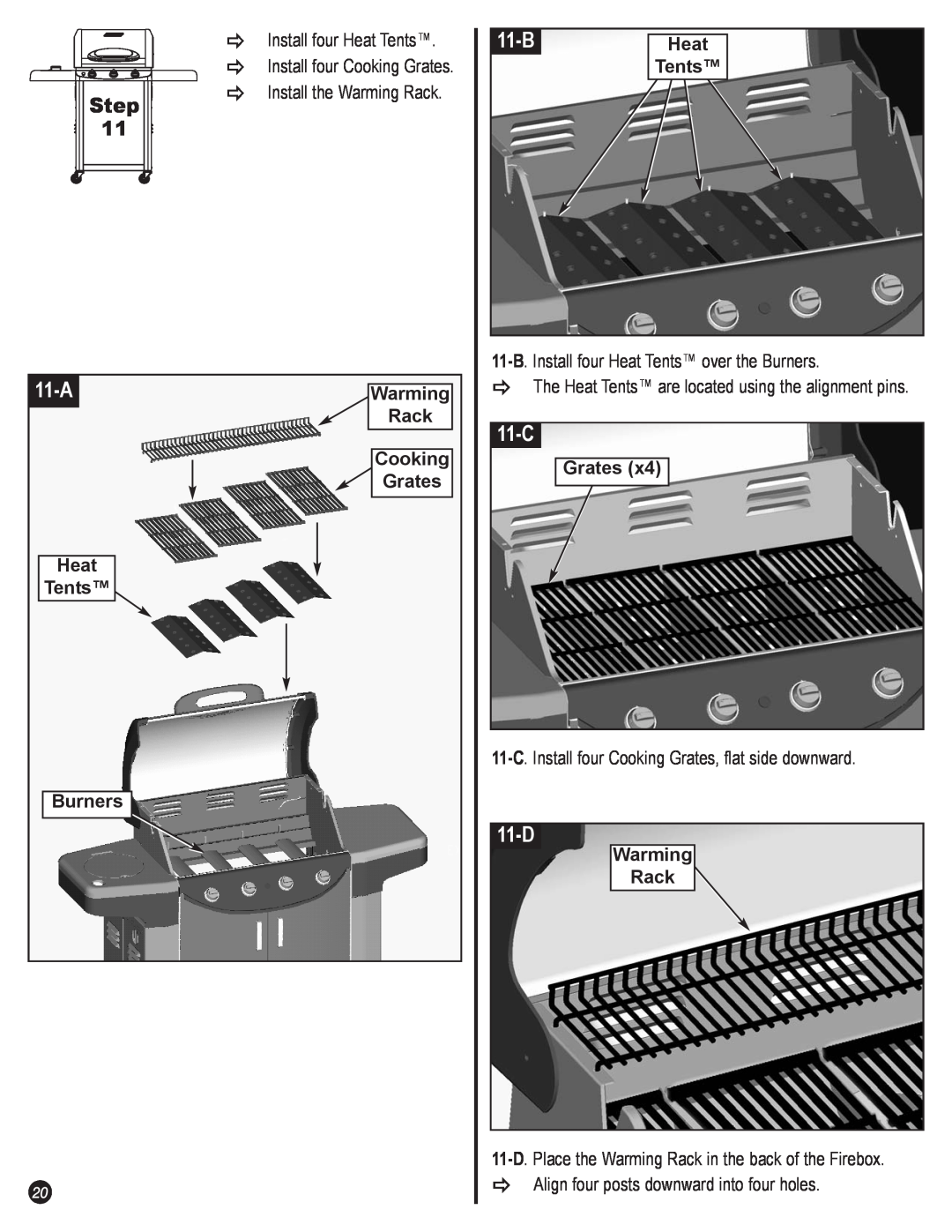 Coleman 5400 LP manual 11-A, 11-B, 11-C, 11-D, Cooking Grates Heat Tents Burners, Warming Rack, Step 