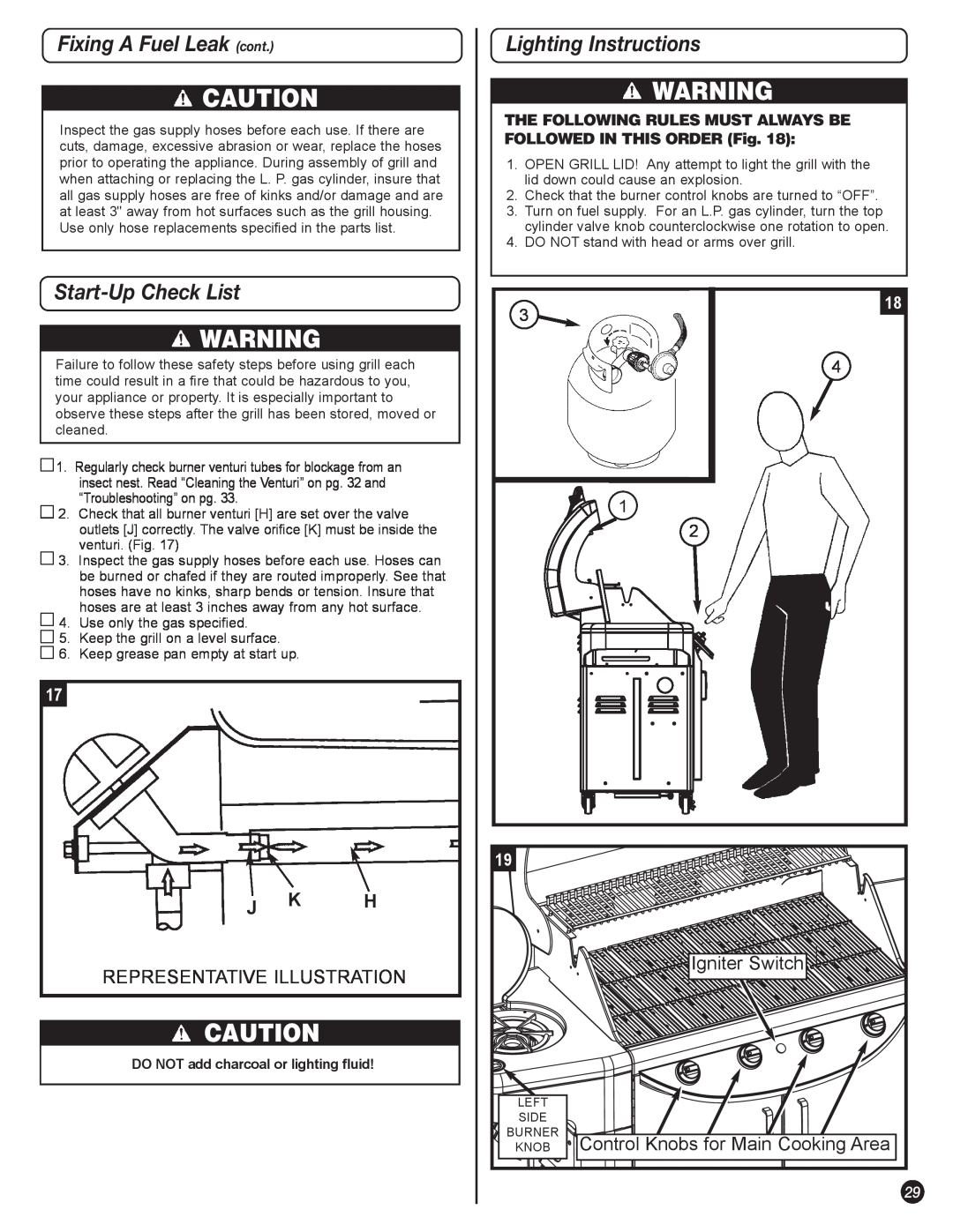 Coleman 5400 LP manual Fixing A Fuel Leak cont, Start-Up Check List, Lighting Instructions, J K H 