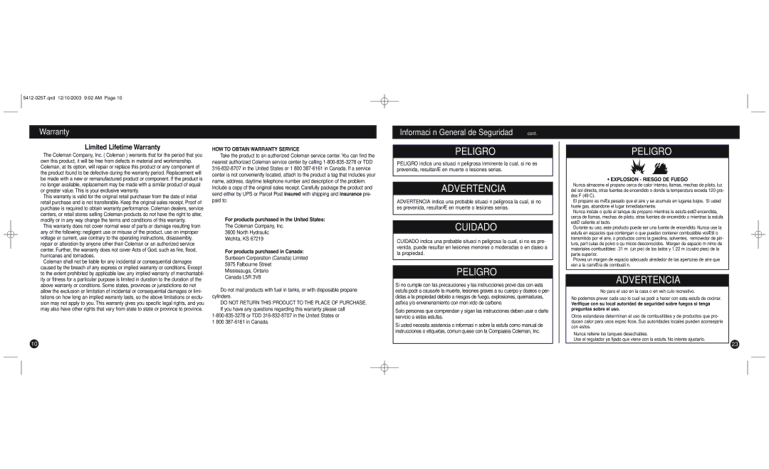 Coleman 5412 Series manual HOW to Obtain Warranty Service 