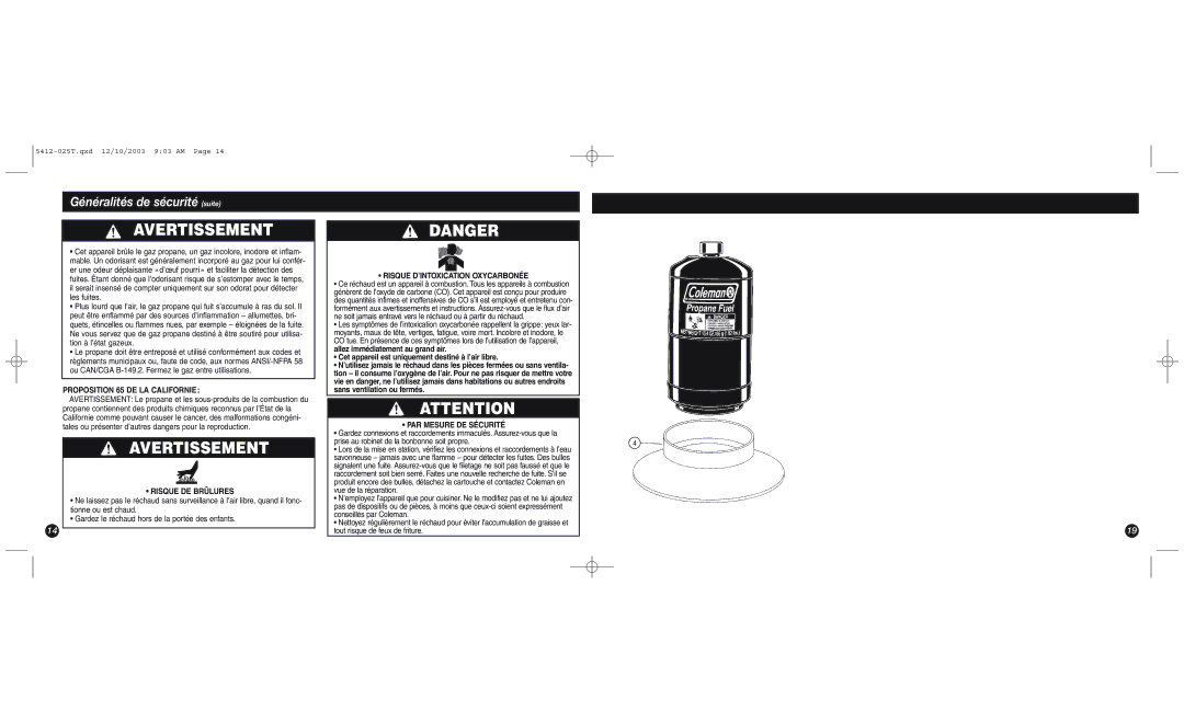 Coleman 5412 Series manual Proposition 65 DE LA Californie, Risque DE Brûlures, Risque D’INTOXICATION Oxycarbonée 