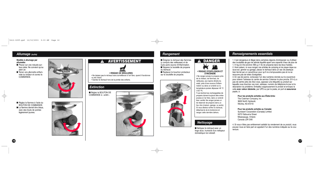Coleman 5412 Series manual Allumage suite, Extinction, Rangement, Nettoyage, Renseignements essentiels 