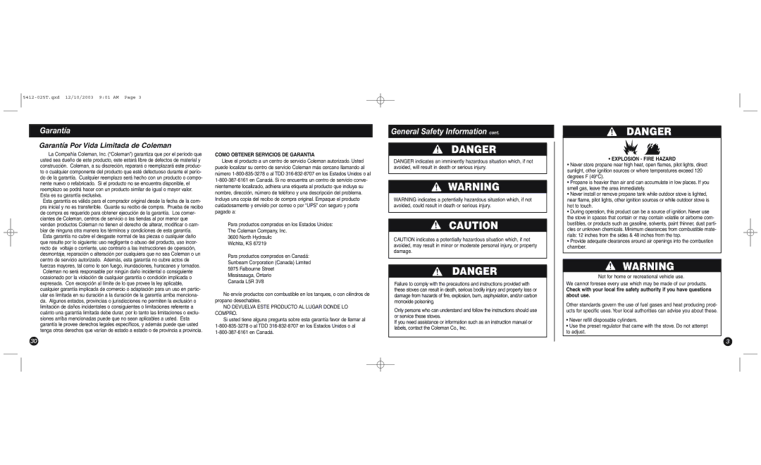 Coleman 5412 Series manual Garantía, Como Obtener Servicios DE Garantia, Explosion Fire Hazard 