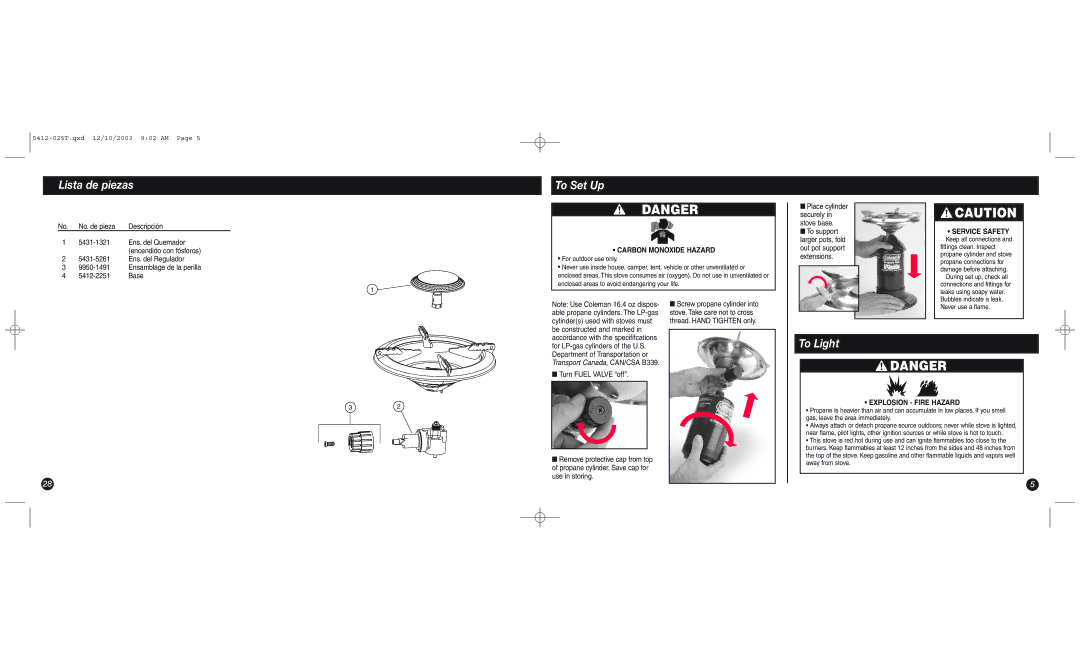 Coleman 5412 Series manual Lista de piezas, To Set Up, To Light 