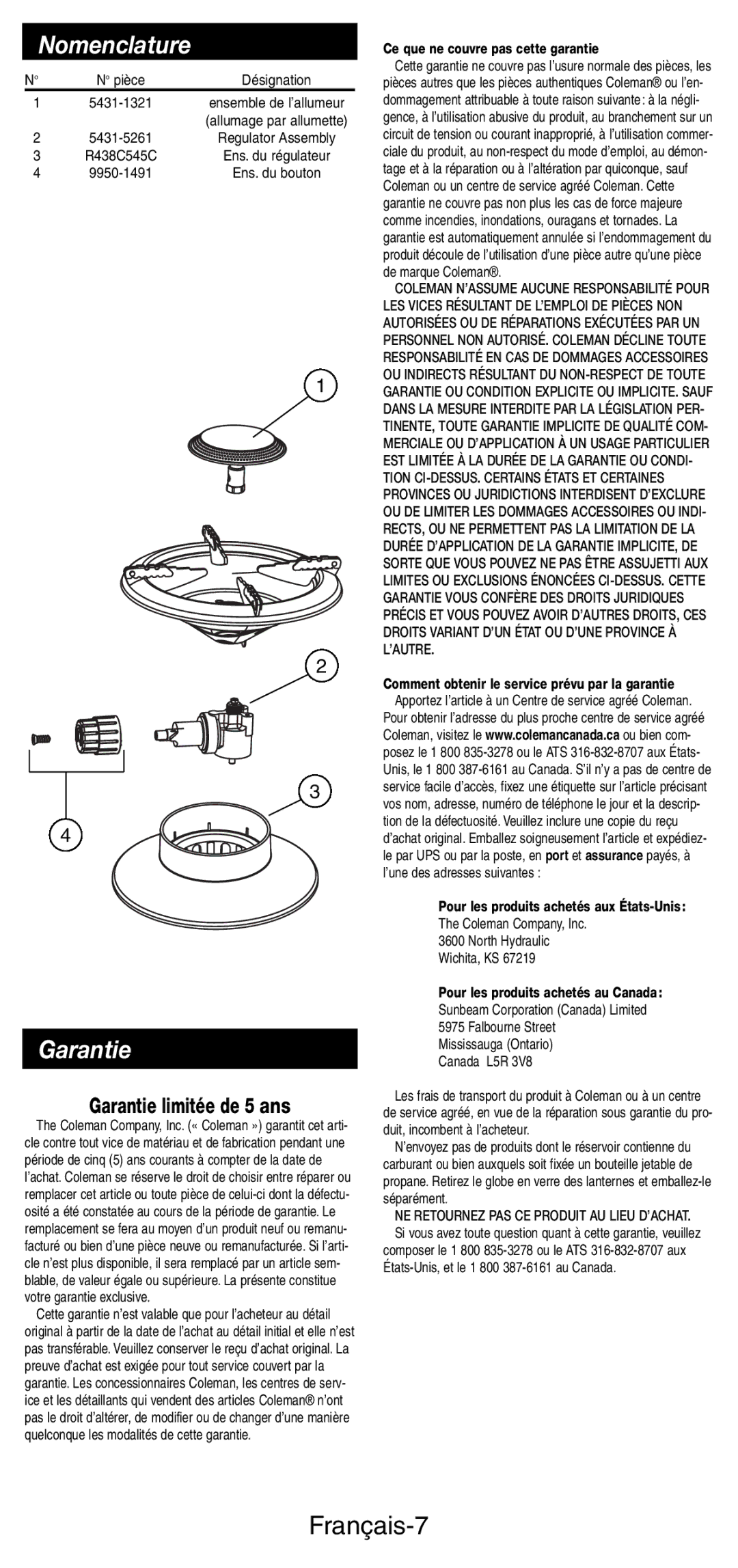 Coleman 5412A manual Nomenclature, Garantie, Français-7 