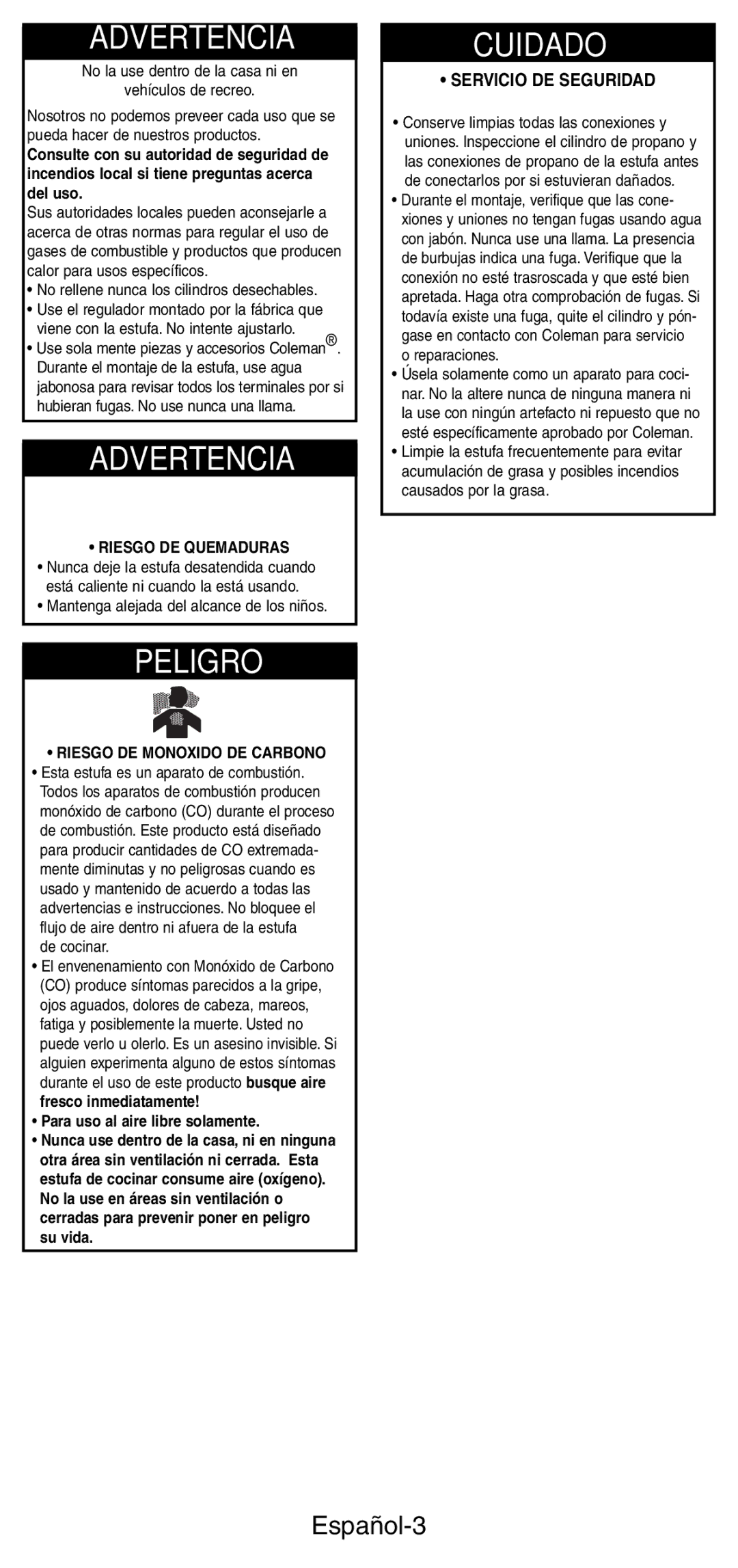 Coleman 5412A manual Español-3, Servicio DE Seguridad, Riesgo DE Quemaduras, Riesgo DE Monoxido DE Carbono 