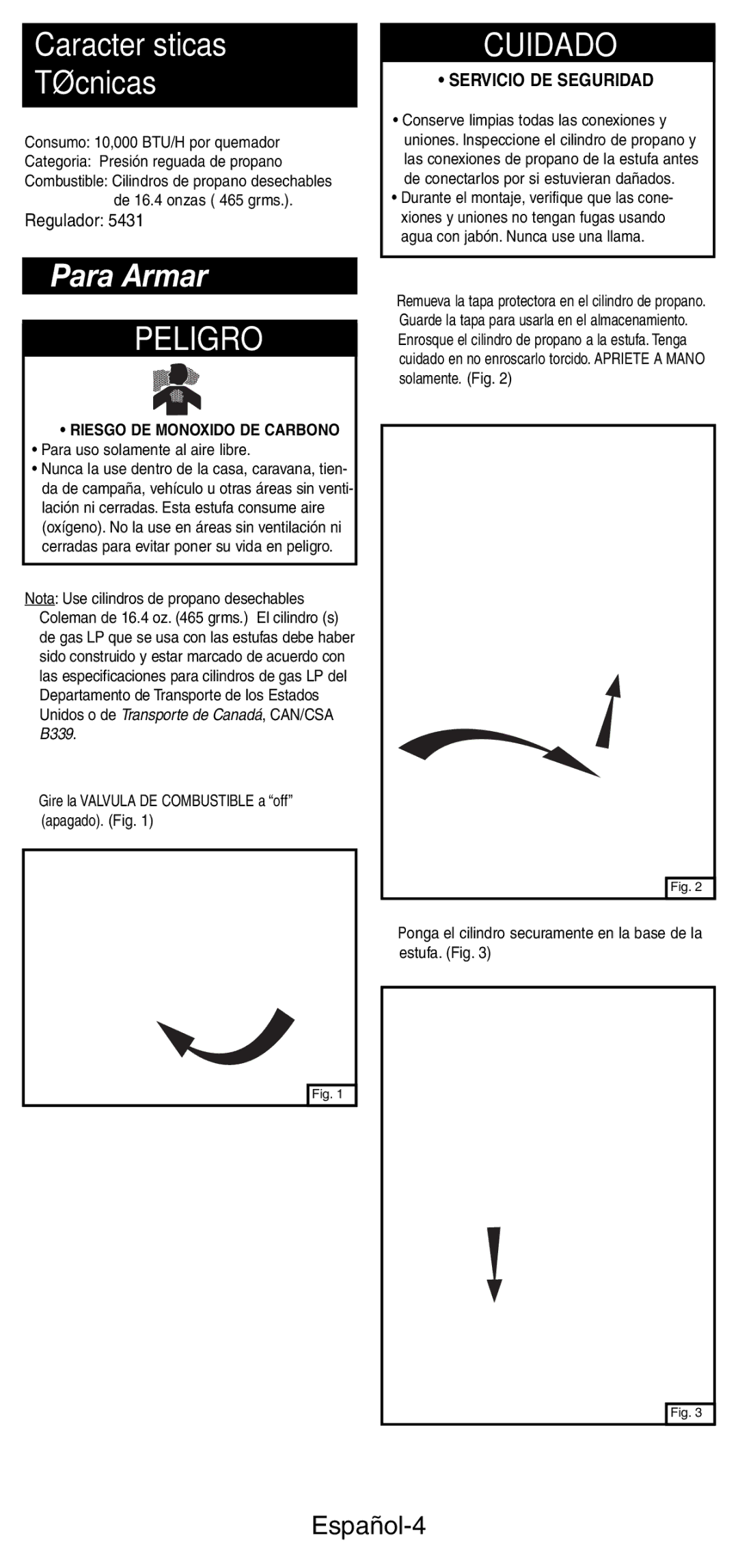 Coleman 5412A manual Características Técnicas, Para Armar, Español-4 