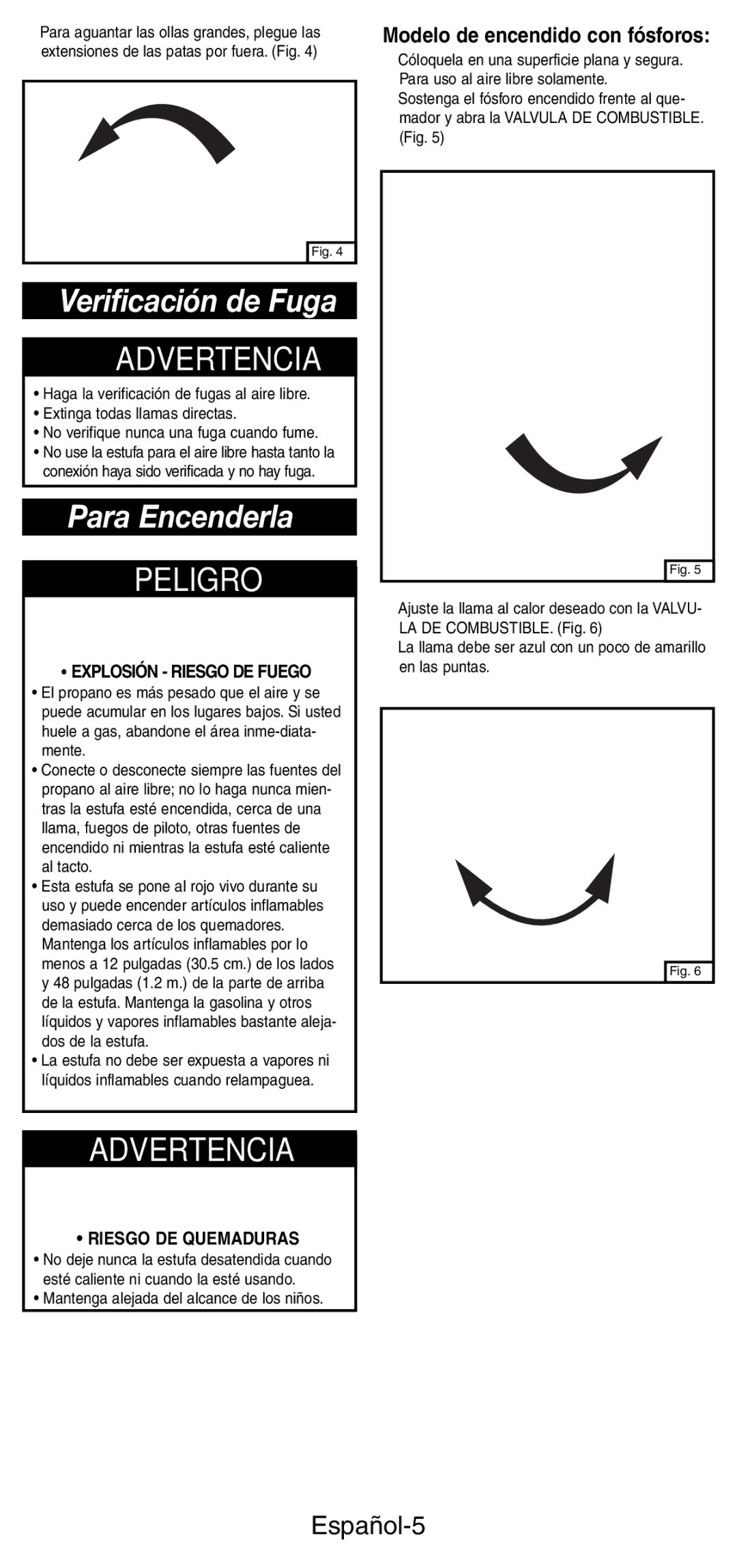 Coleman 5412A manual Verificación de Fuga, Para Encenderla, Español-5, Explosión Riesgo DE Fuego, Riesgo DE Quemaduras 