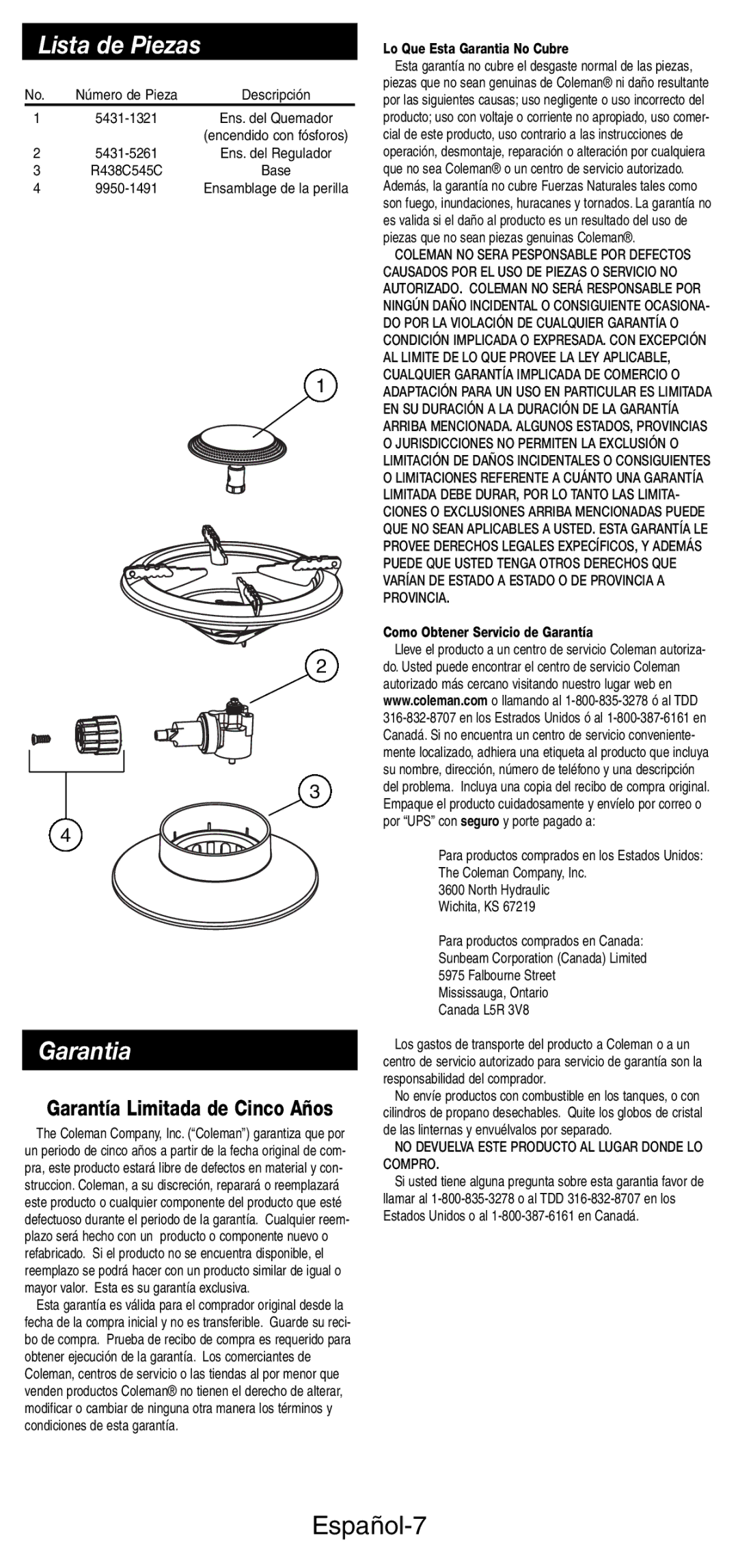 Coleman 5412A manual Lista de Piezas, Garantia, Español-7 