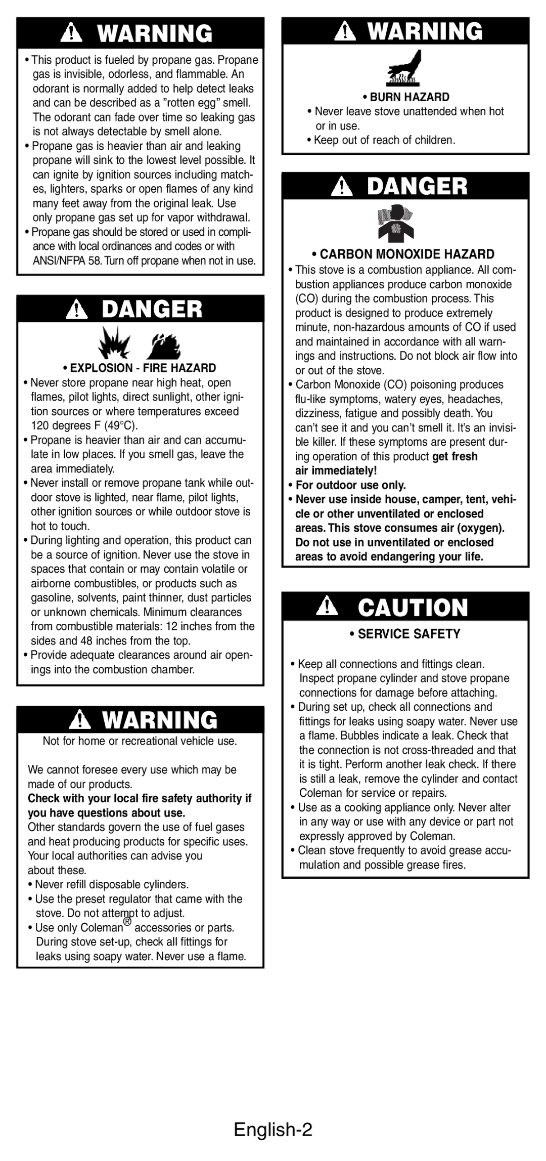 Coleman 5412A manual English-2, Carbon Monoxide Hazard, Service Safety, Explosion Fire Hazard, Burn Hazard 