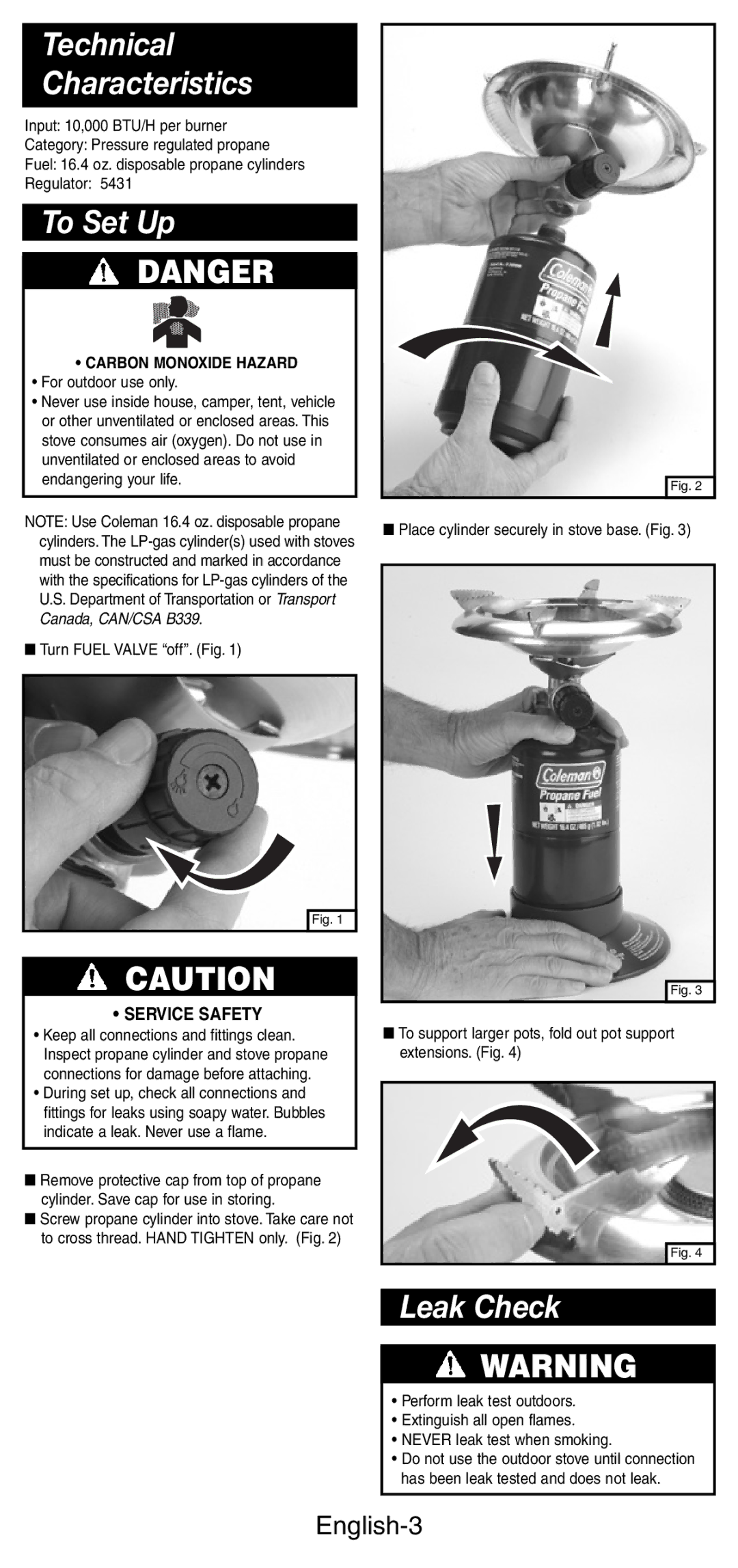 Coleman 5412A manual Technical Characteristics, To Set Up, Leak Check, English-3, Carbon Monoxide Hazard 