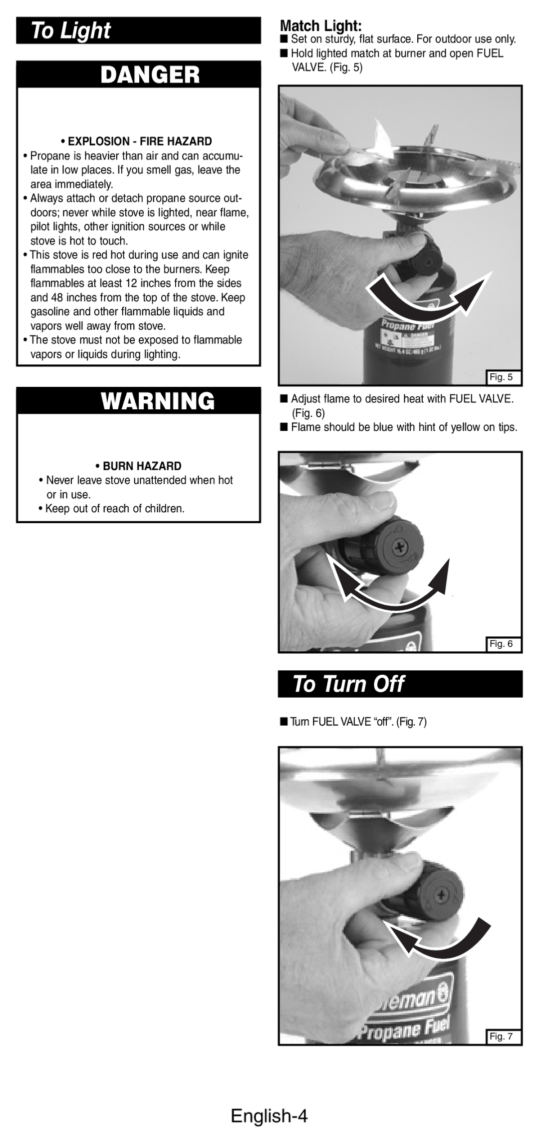 Coleman 5412A manual To Light, To Turn Off, English-4 