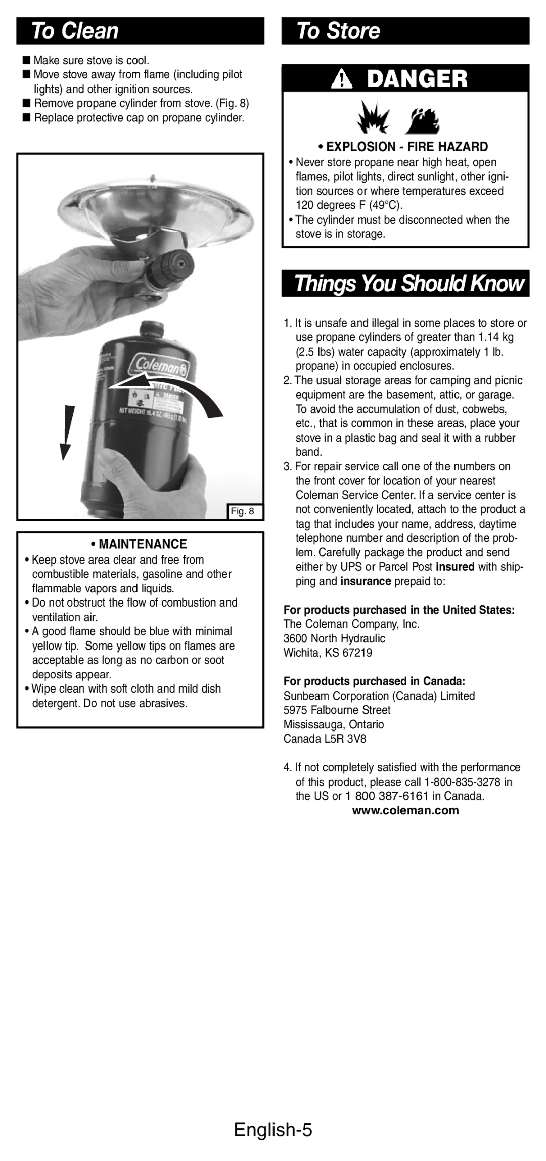 Coleman 5412A manual To Clean, To Store, English-5, Maintenance, Explosion Fire Hazard 