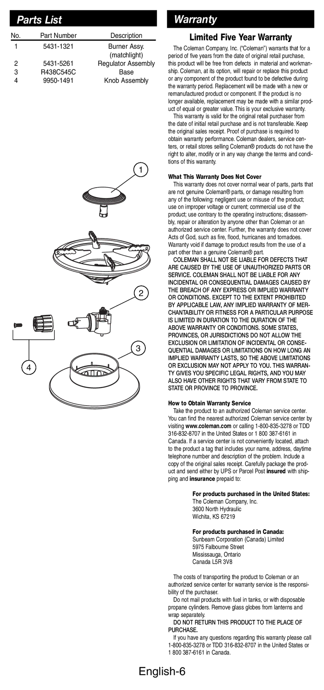 Coleman 5412A manual Parts List, Warranty, English-6 