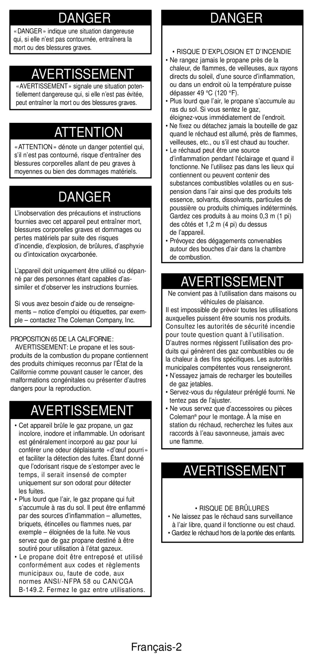 Coleman 5412A manual Français-2, Risque D’EXPLOSION ET D’INCENDIE, Risque DE Brûlures 