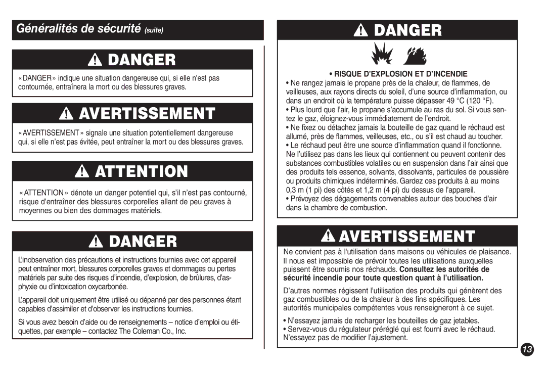 Coleman 5428A Series manual Généralités de sécurité suite, Risque D’EXPLOSION ET D’INCENDIE 