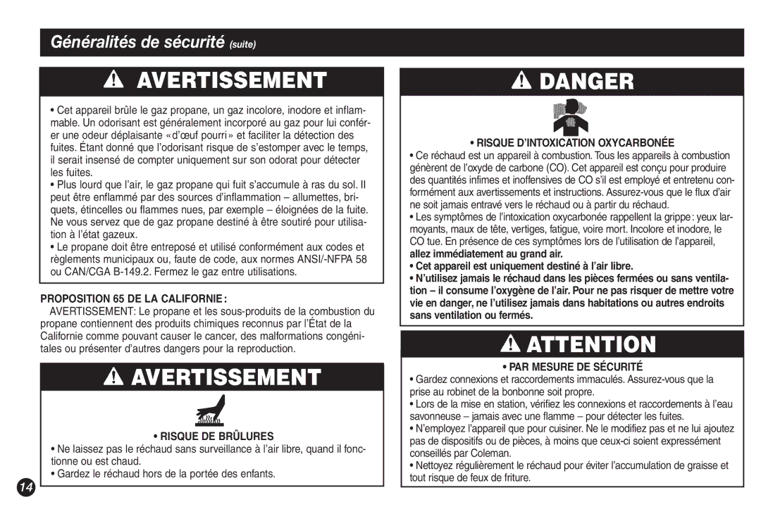 Coleman 5428A Series manual Proposition 65 DE LA Californie, Risque DE Brûlures, Risque D’INTOXICATION Oxycarbonée 