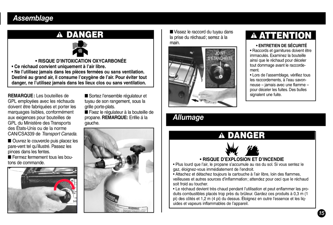 Coleman 5428A Series manual Assemblage, Allumage, Ce réchaud convient uniquement à l’air libre 