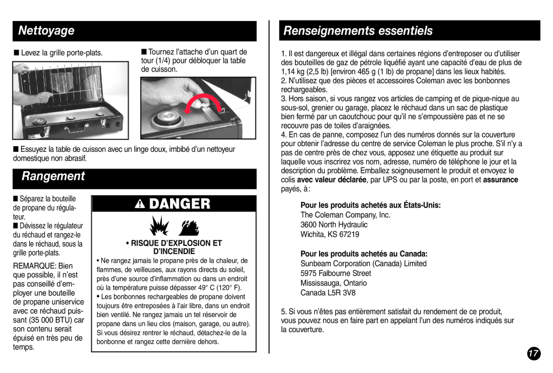 Coleman 5428A Series manual Nettoyage, Renseignements essentiels, Rangement 