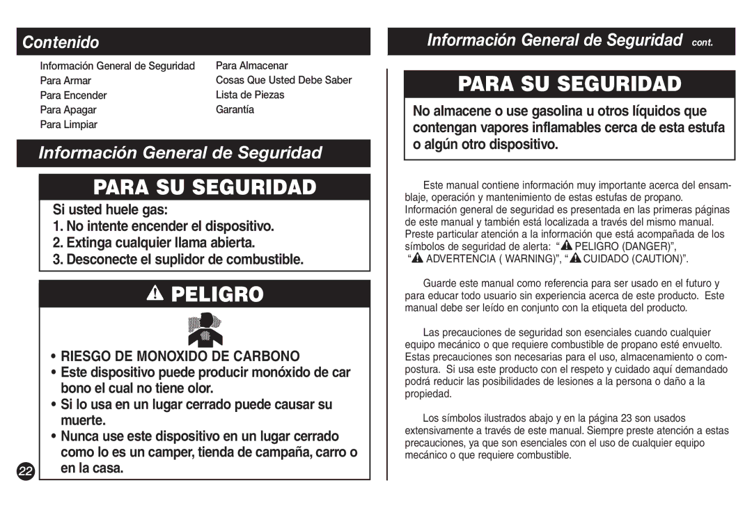 Coleman 5428A Series manual Contenido, Información General de Seguridad 