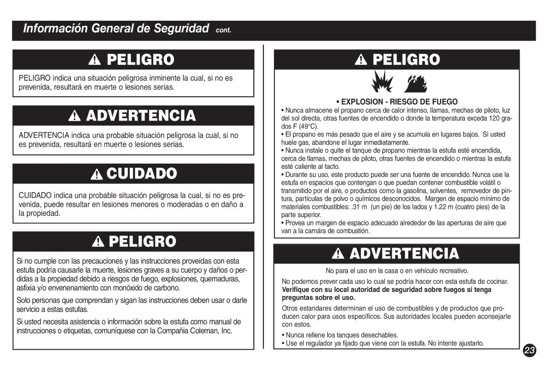 Coleman 5428A Series manual Advertencia, Explosion Riesgo DE Fuego 