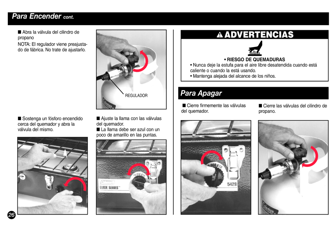 Coleman 5428A Series manual Advertencias, Para Apagar 