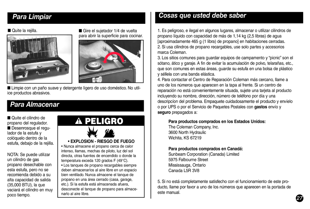 Coleman 5428A Series manual Para Limpiar, Para Almacenar Cosas que usted debe saber, Para productos comprados en Canadá 